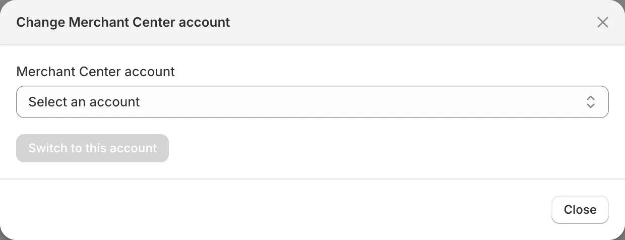 The Change Merchant Center account window with an account list and the Switch to this account button