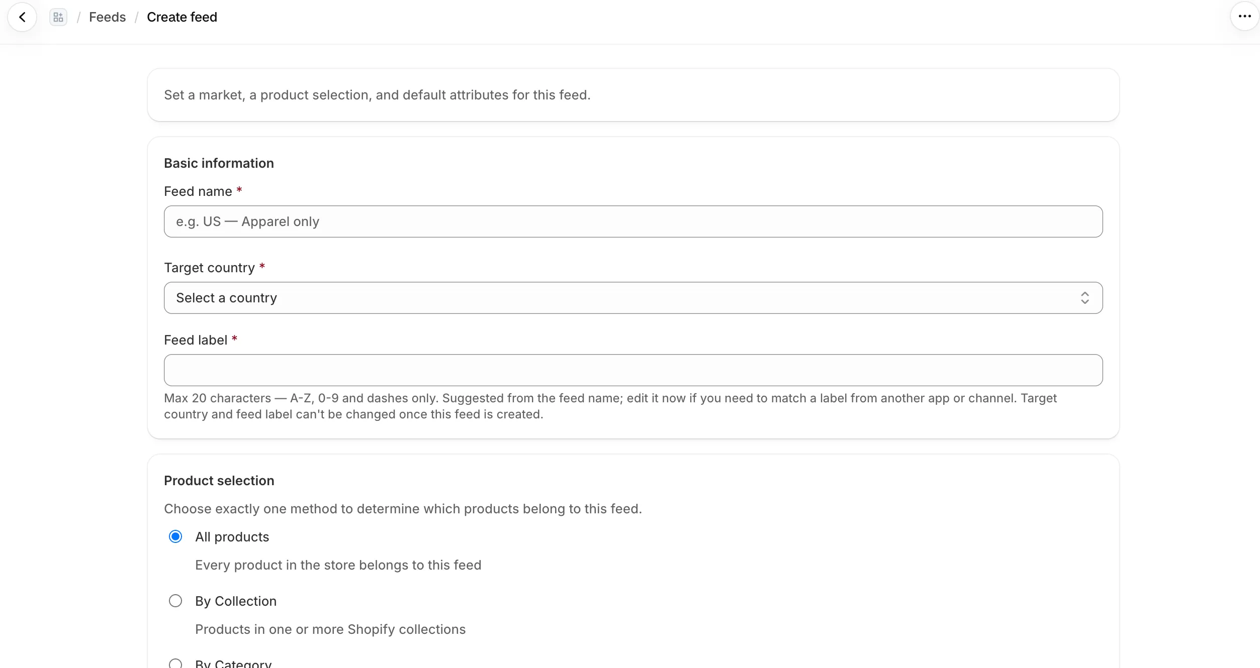 Create feed, Basic information: Feed name, Target country and Feed label fields