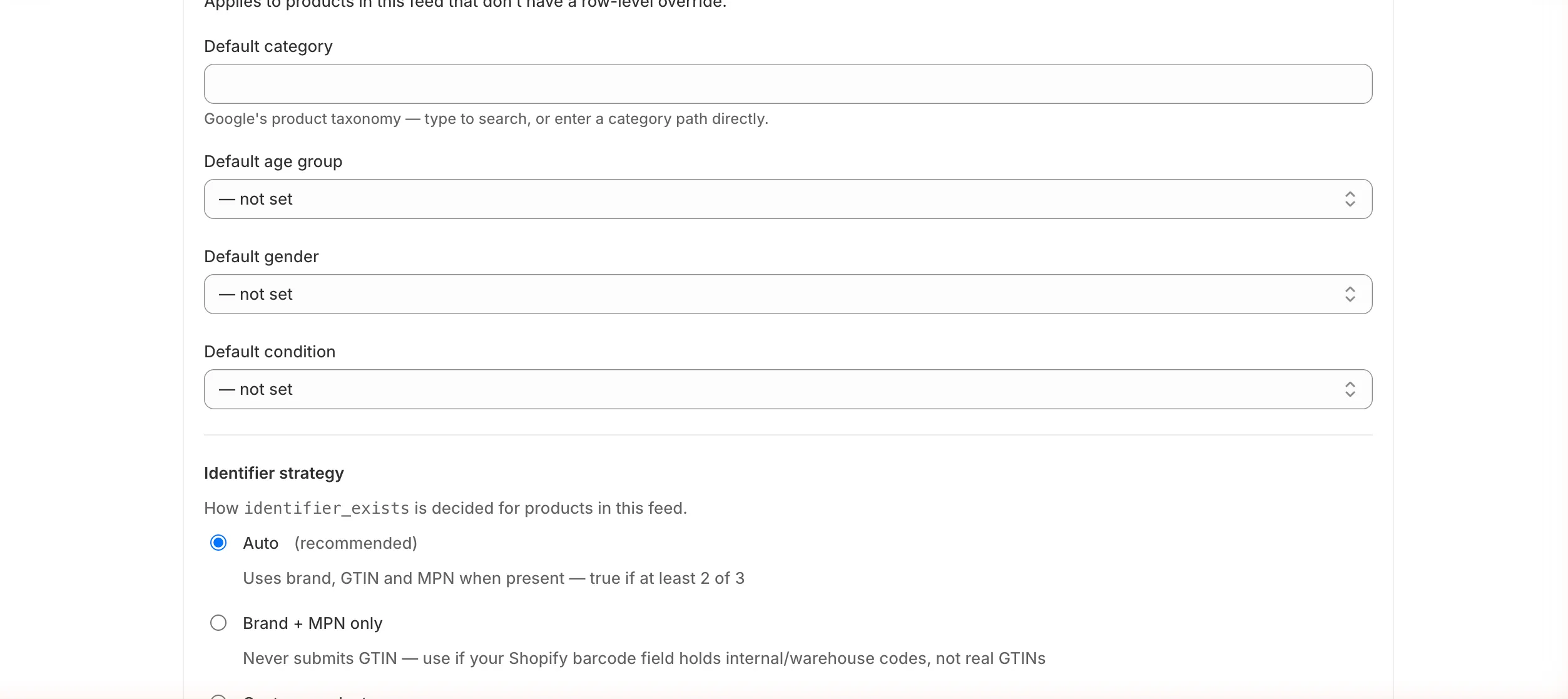 Default category, age group, gender and condition fields, and the Identifier strategy options Auto, Brand + MPN only and Custom product