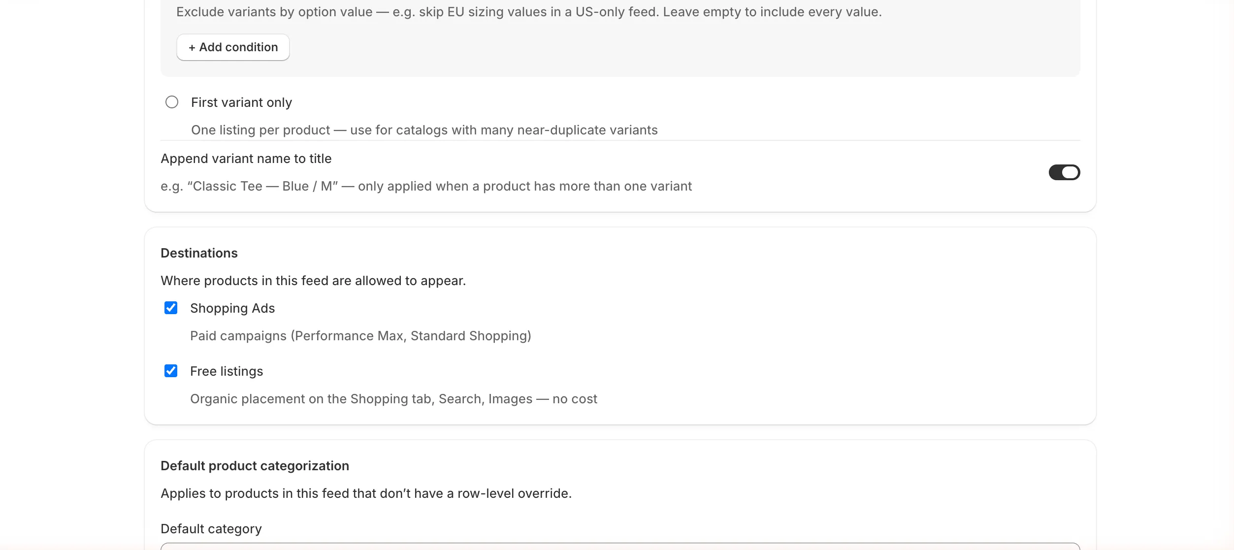 Destinations: Shopping Ads and Free listings checkboxes; Default product categorization section