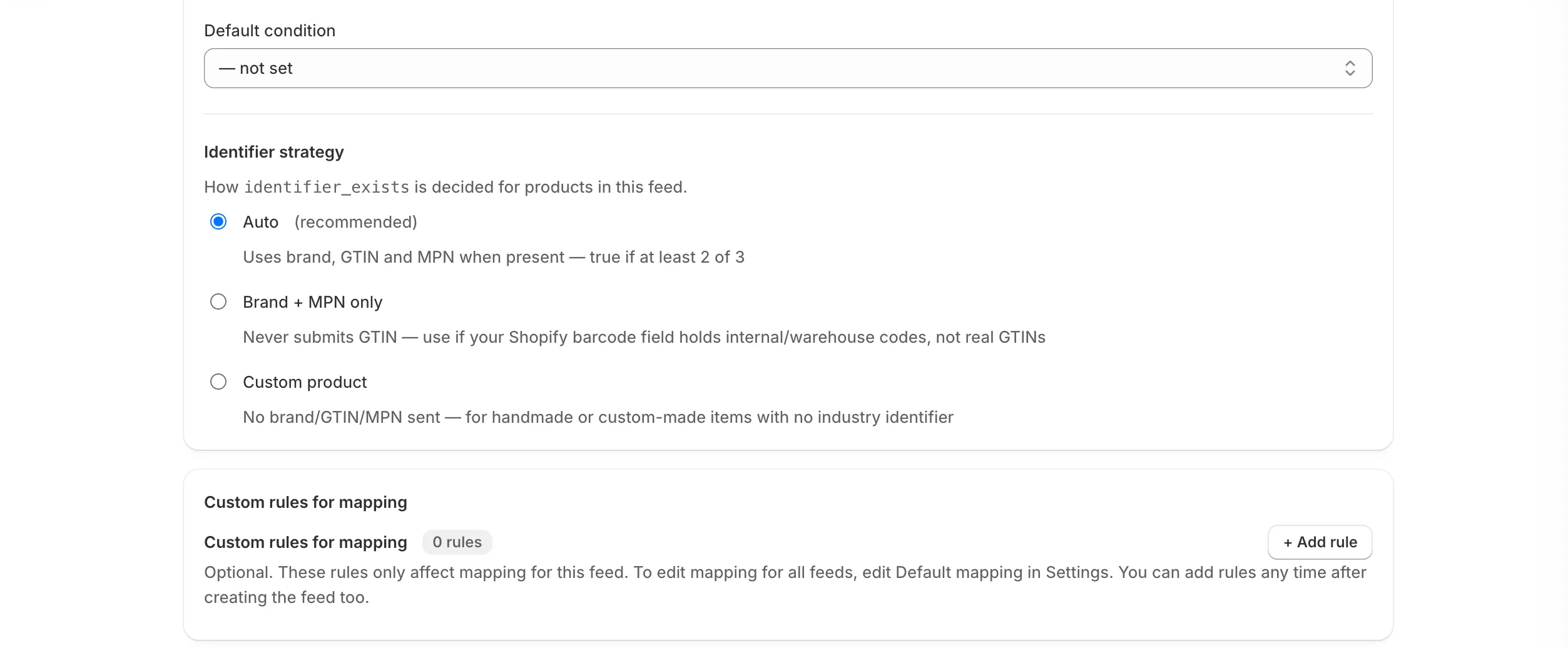 Identifier strategy and Custom rules for mapping on the Create feed form