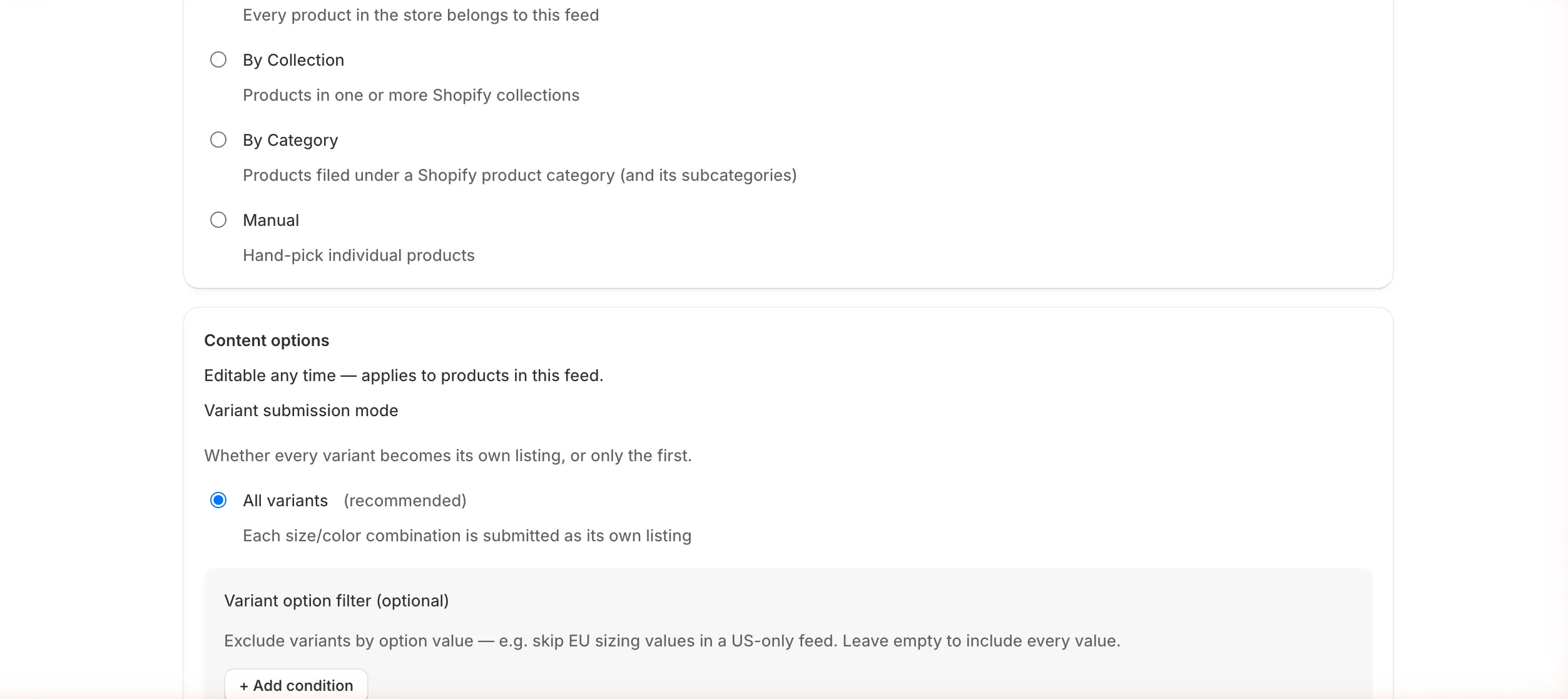 Product selection options: All products, By Collection, By Category, Manual; and Content options with Variant submission mode