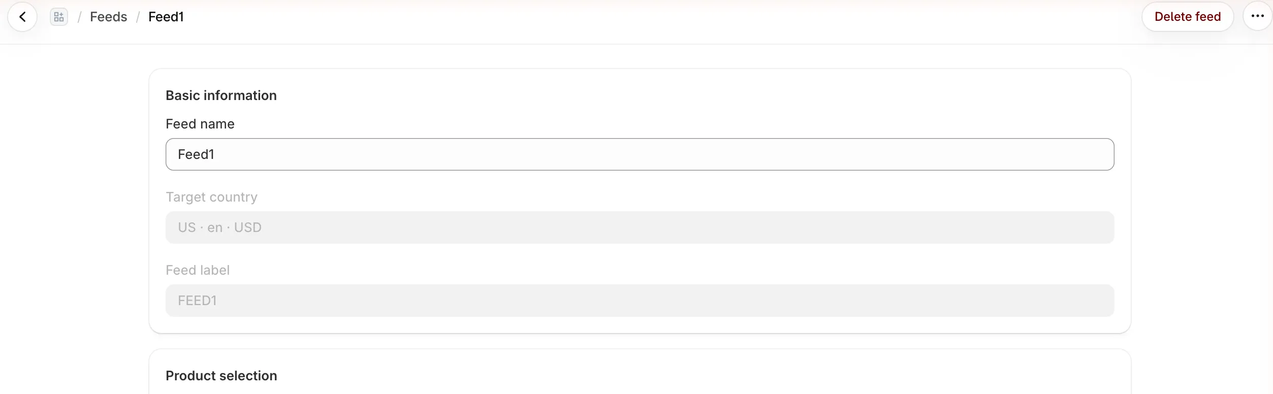 Feed page with Feed name editable and Target country and Feed label locked
