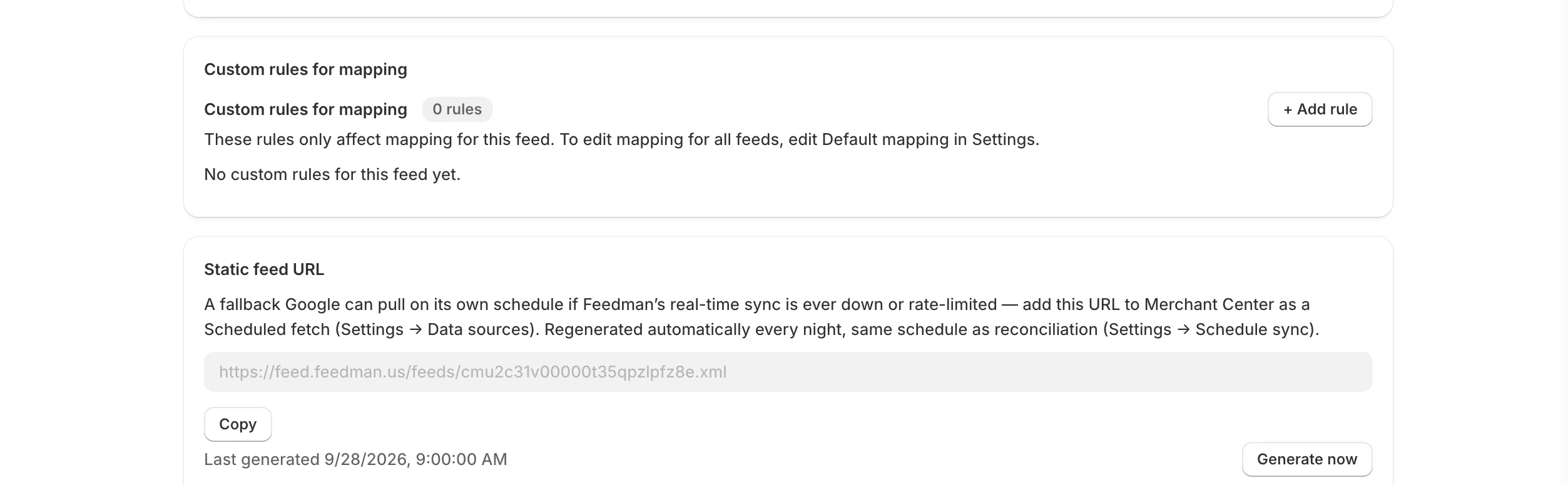 Custom rules for mapping on a feed page with 0 rules and the Add rule button