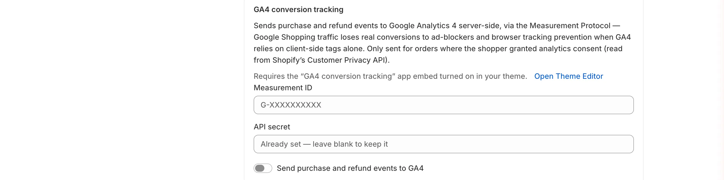 GA4 conversion tracking card: description, Open Theme Editor link, Measurement ID and API secret fields, and the Send purchase and refund events to GA4 switch