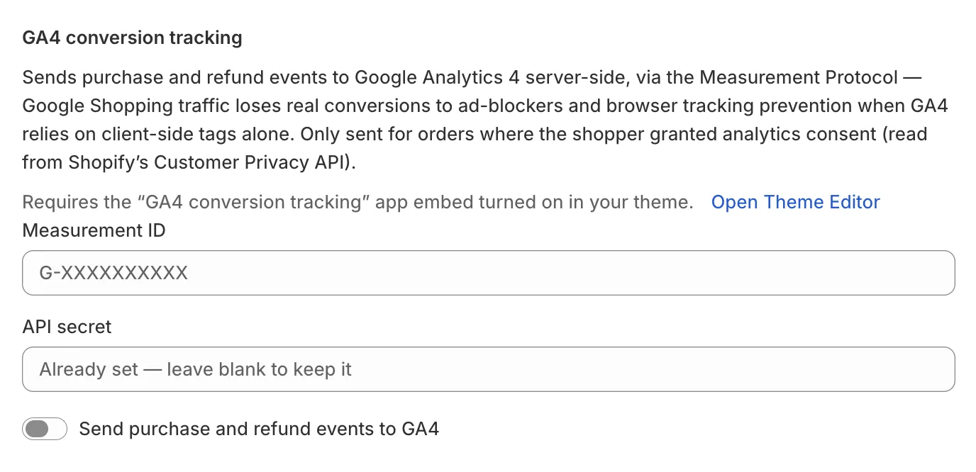 GA4 conversion tracking settings: Measurement ID, API secret and the switch to send purchase and refund events