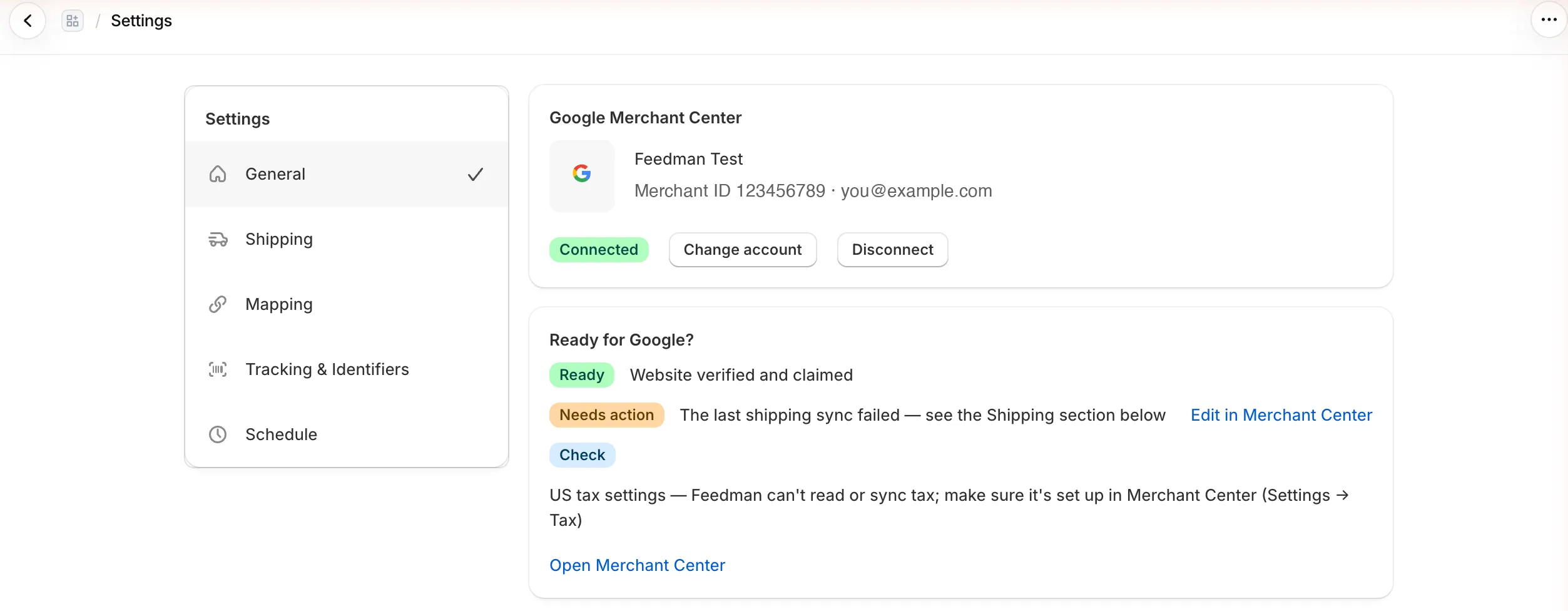 Settings → General with Google Merchant Center connected: account name, Merchant ID and Google login, the Connected badge, Change account and Disconnect buttons, and the Ready for Google? checklist