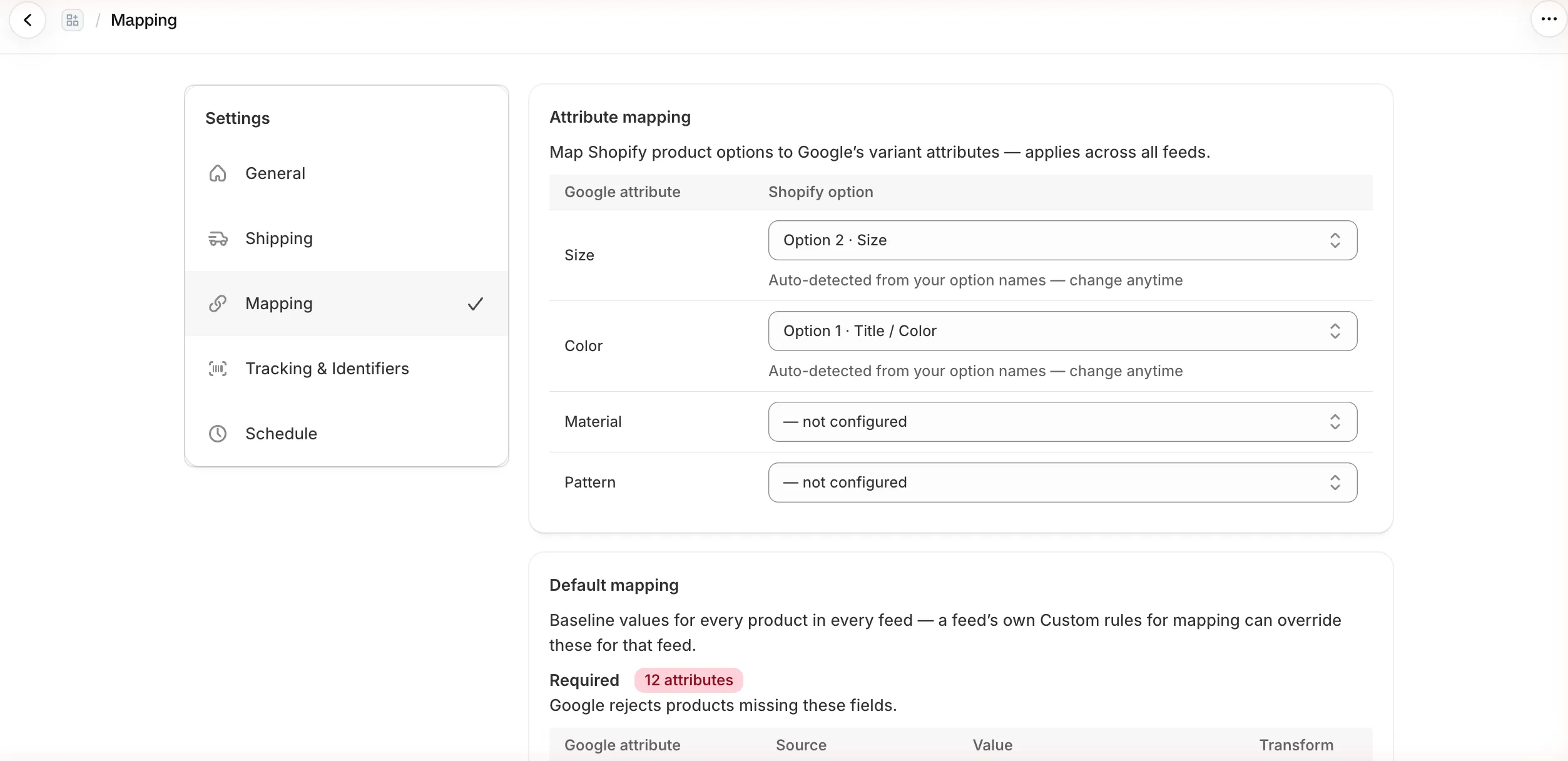 Attribute mapping: Size mapped to Option 2 · Size, Color to Option 1 · Title / Color, Material and Pattern not configured