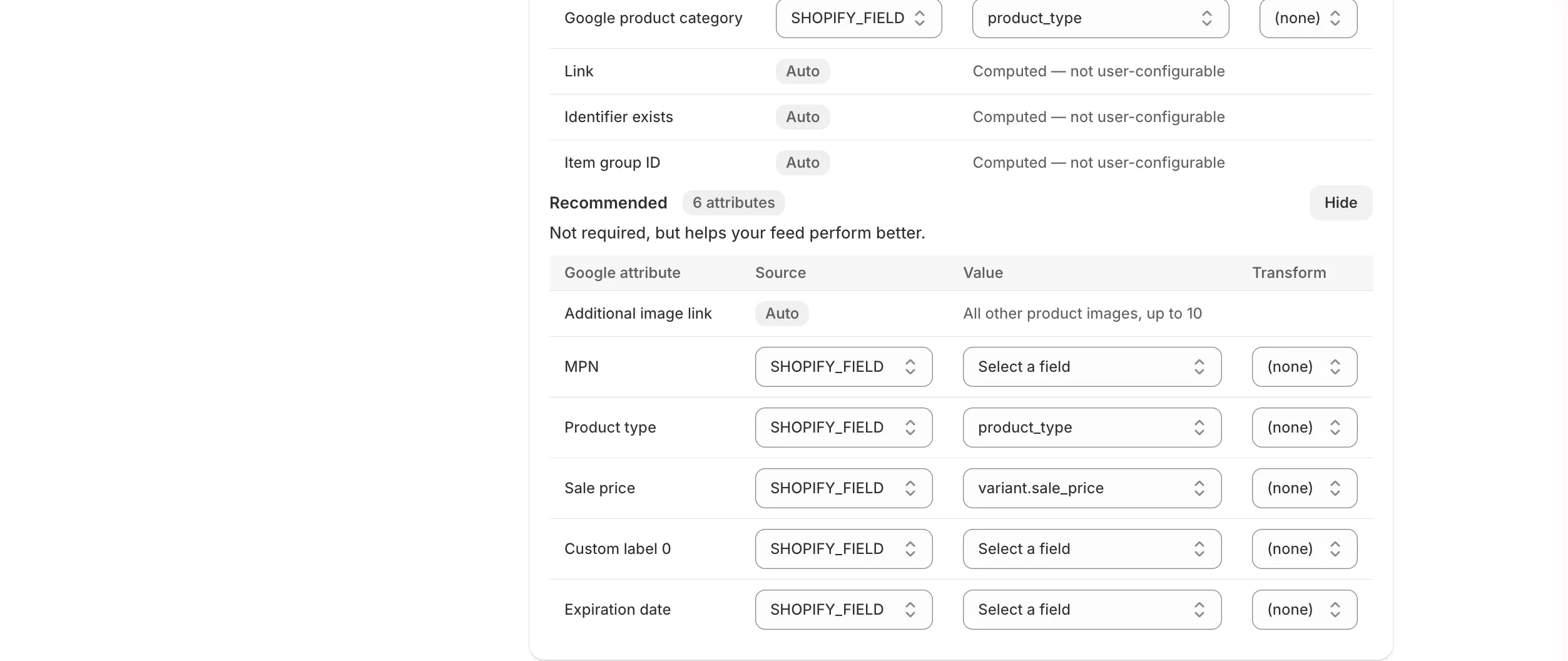 Recommended attributes: Additional image link (Auto), MPN, Product type, Sale price, Custom label 0 and Expiration date