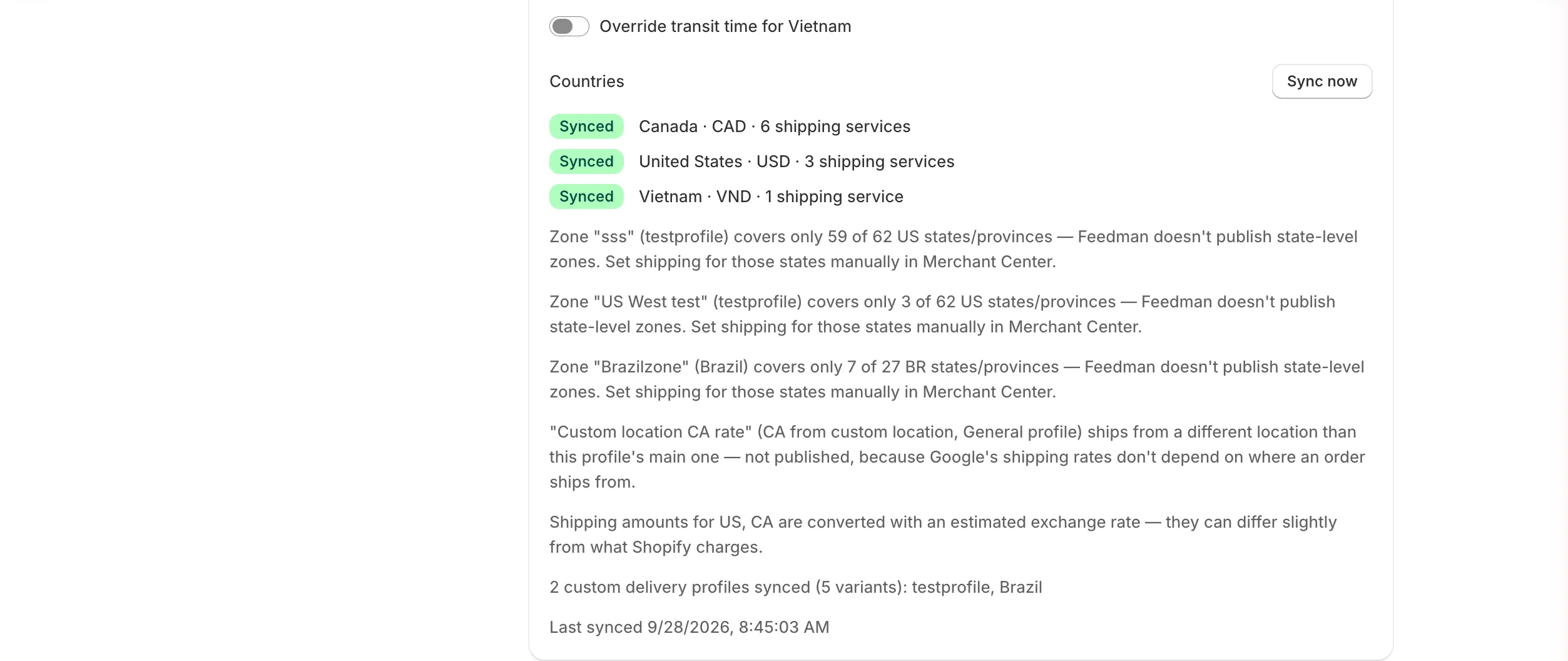 Countries list showing Canada, United States and Vietnam as Synced with their currency and number of shipping services, followed by notes about zones Feeden didn’t publish