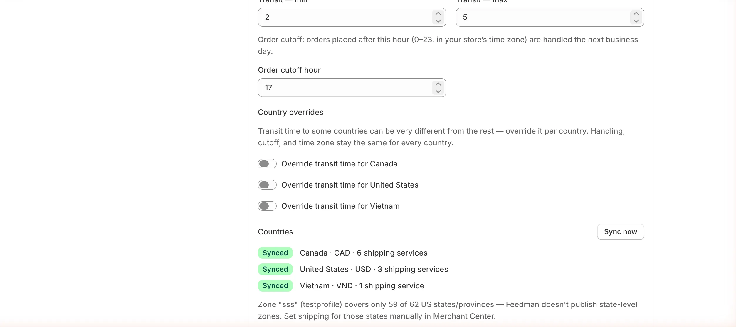 Delivery time fields: Transit min and max, Order cutoff hour, and a Country overrides switch for each country
