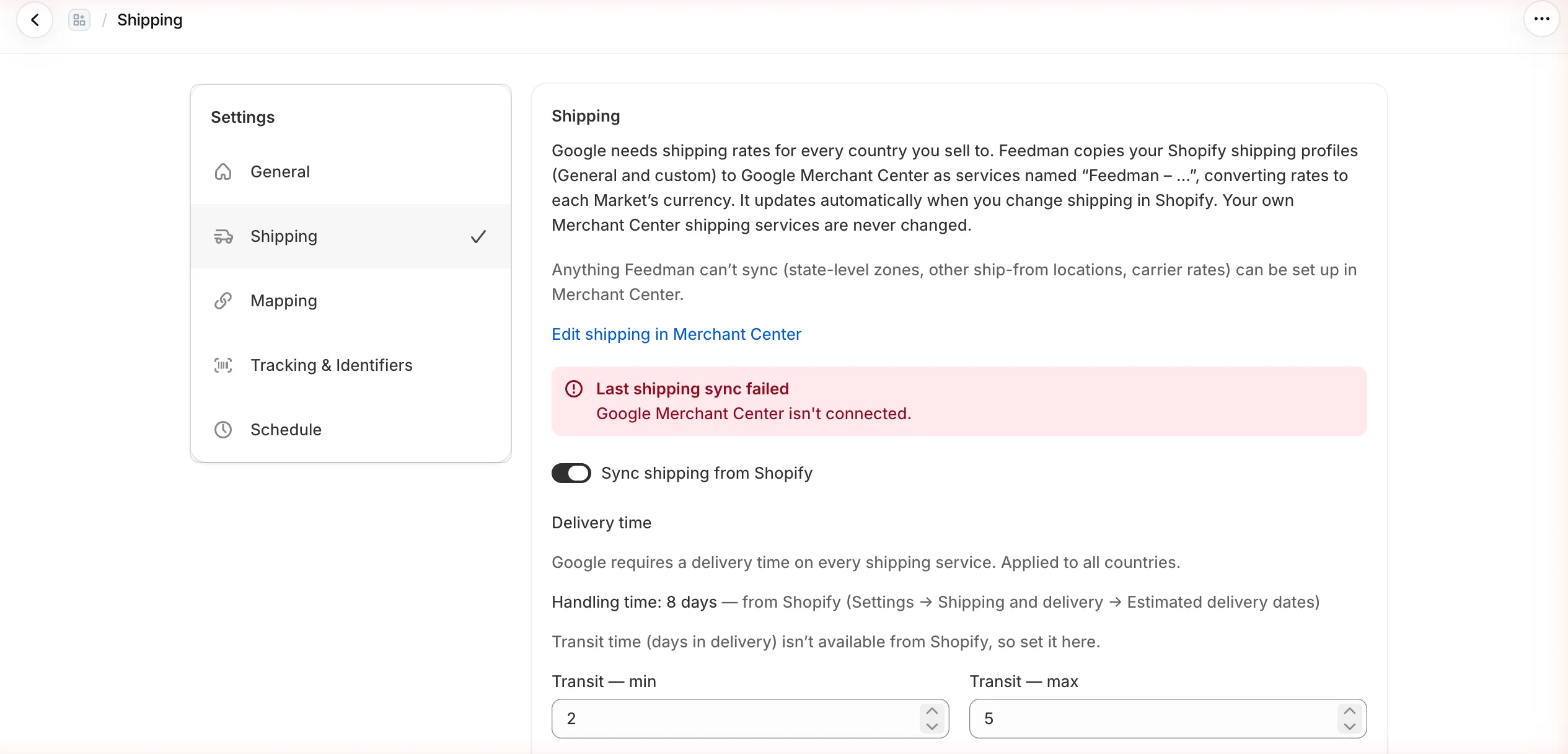 Settings → Shipping: explanation of how rates are copied, the Edit shipping in Merchant Center link, the Sync shipping from Shopify switch and the Delivery time section